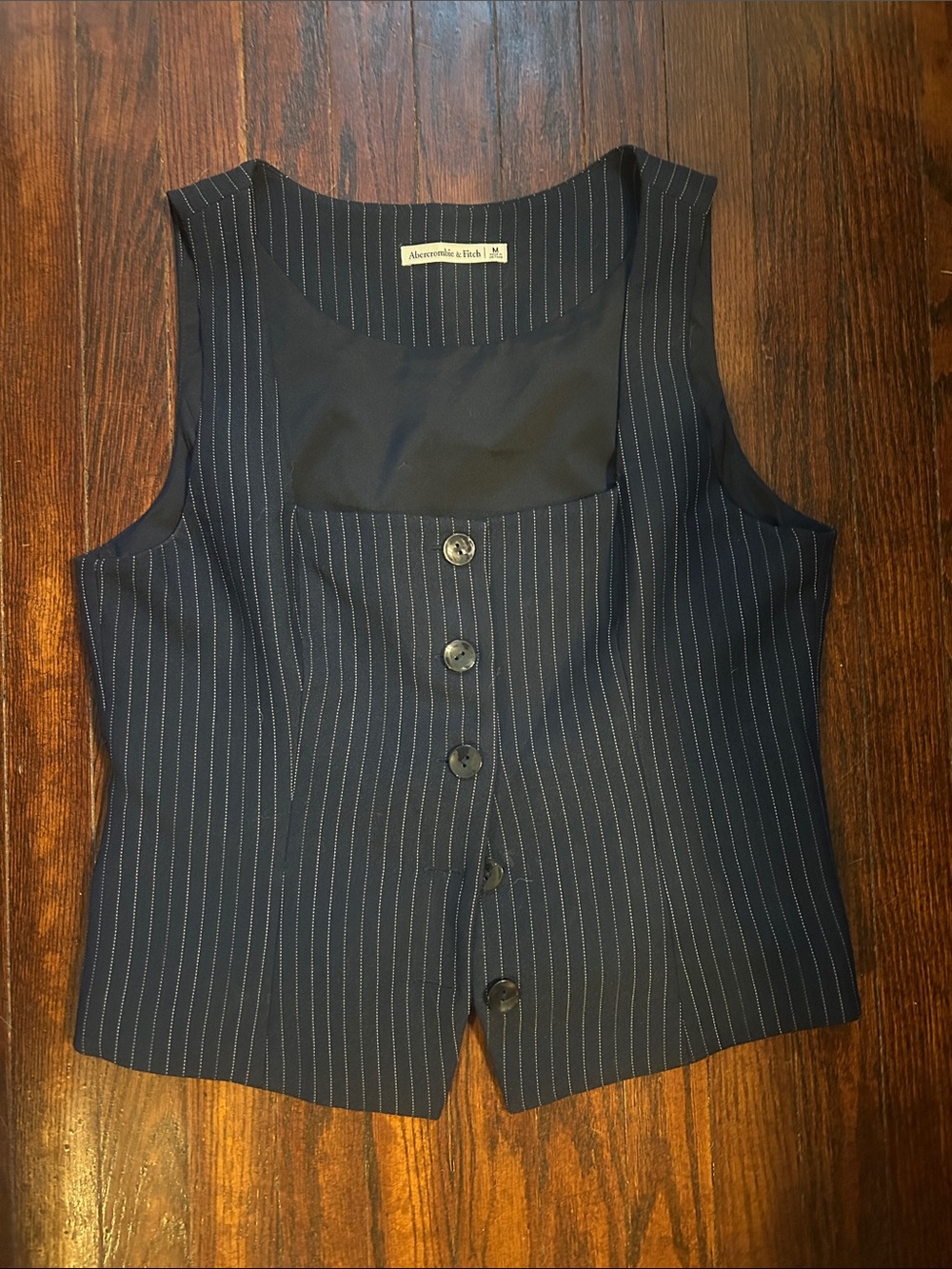 Abercrombie & Fitch Navy and White Pinstripe Sleeveless Button Vest